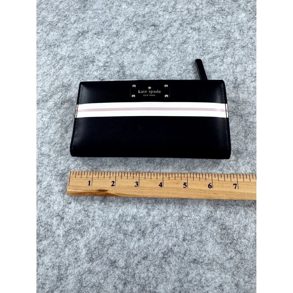 Kate Spade Stacy Wallet Black Pink White Stripe Leather Card Holder‎ Clutch Slim